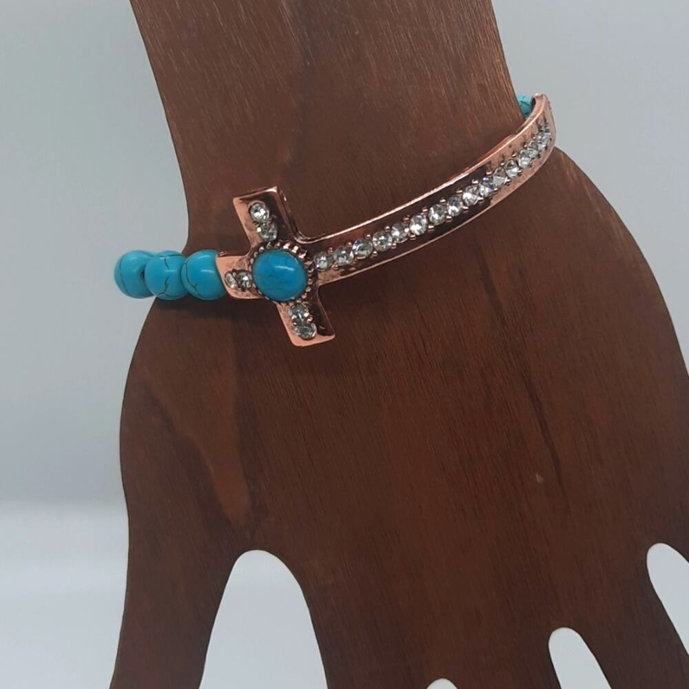Copper Cross & Turquoise Beaded Stretch Bracelet
